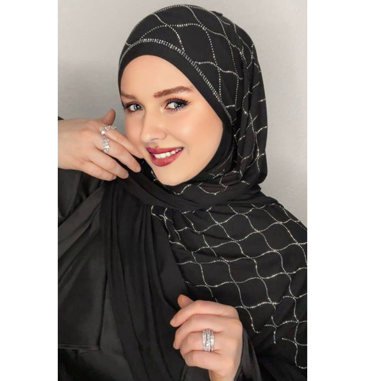 Rhinestone Lantern Soft Jersey Hijab Shawl - Black with Silver Beads