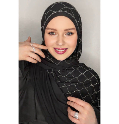 Modefa Shawl Black with Silver Rhinestone Lantern Soft Jersey Hijab Shawl - Black with Silver Beads