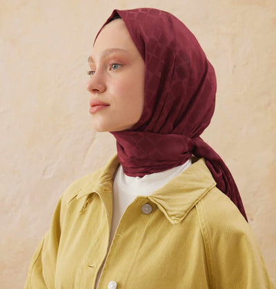 Modefa Shawl Burgundy Diamond Jacquard Satin Hijab Shawl - Burgundy