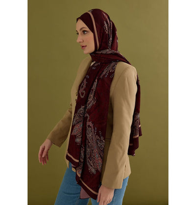 Modefa Shawl Burgundy Premium Viscose Hijab Shawl Ethnic Print - Burgundy