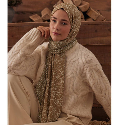 Modefa Shawl Camel Mixed Pattern Crinkle Cotton Hijab Shawl - Camel