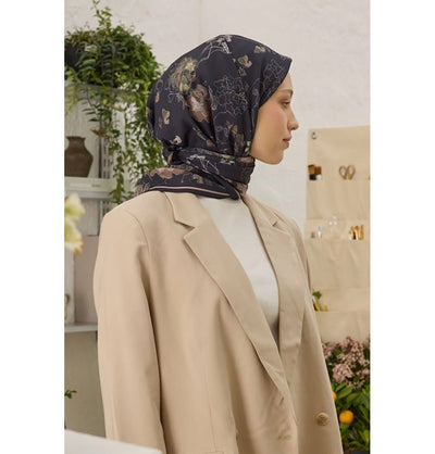 Modefa Shawl Dahlia Black Patterned Viscose Cotton Square Hijab - Dahlia Black