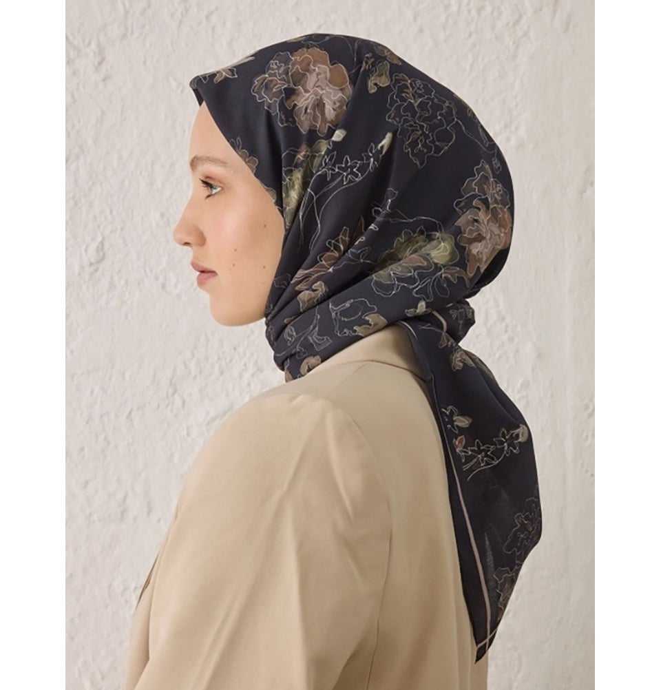 Modefa Shawl Dahlia Black Patterned Viscose Cotton Square Hijab - Dahlia Black