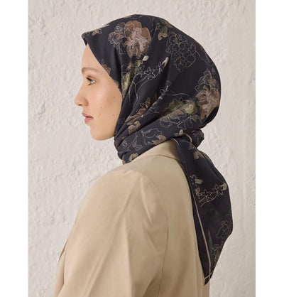 Modefa Shawl Dahlia Black Patterned Viscose Cotton Square Hijab - Dahlia Black