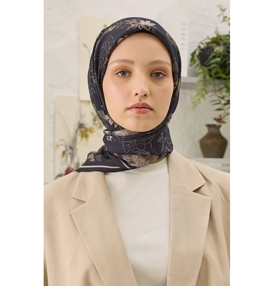 Modefa Shawl Dahlia Black Patterned Viscose Cotton Square Hijab - Dahlia Black