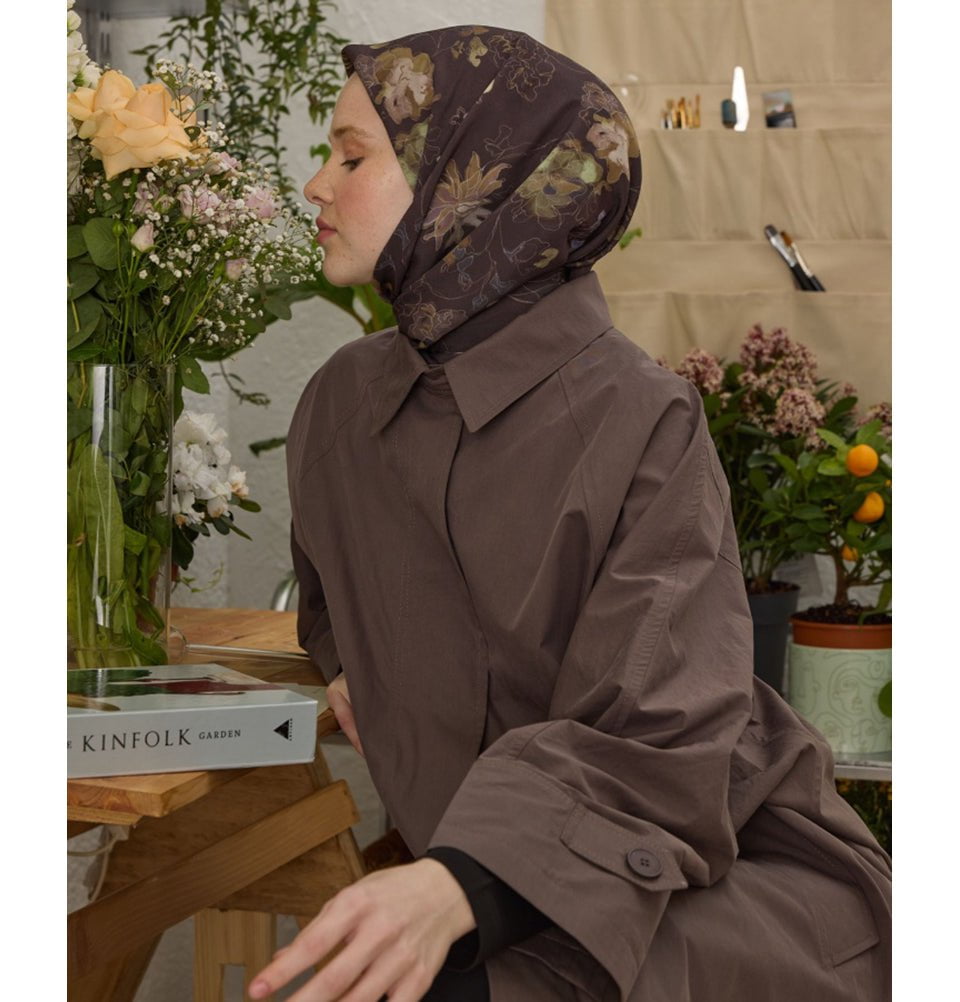 Modefa Shawl Dahlia Cocoa Patterned Viscose Cotton Square Hijab - Dahlia Cocoa