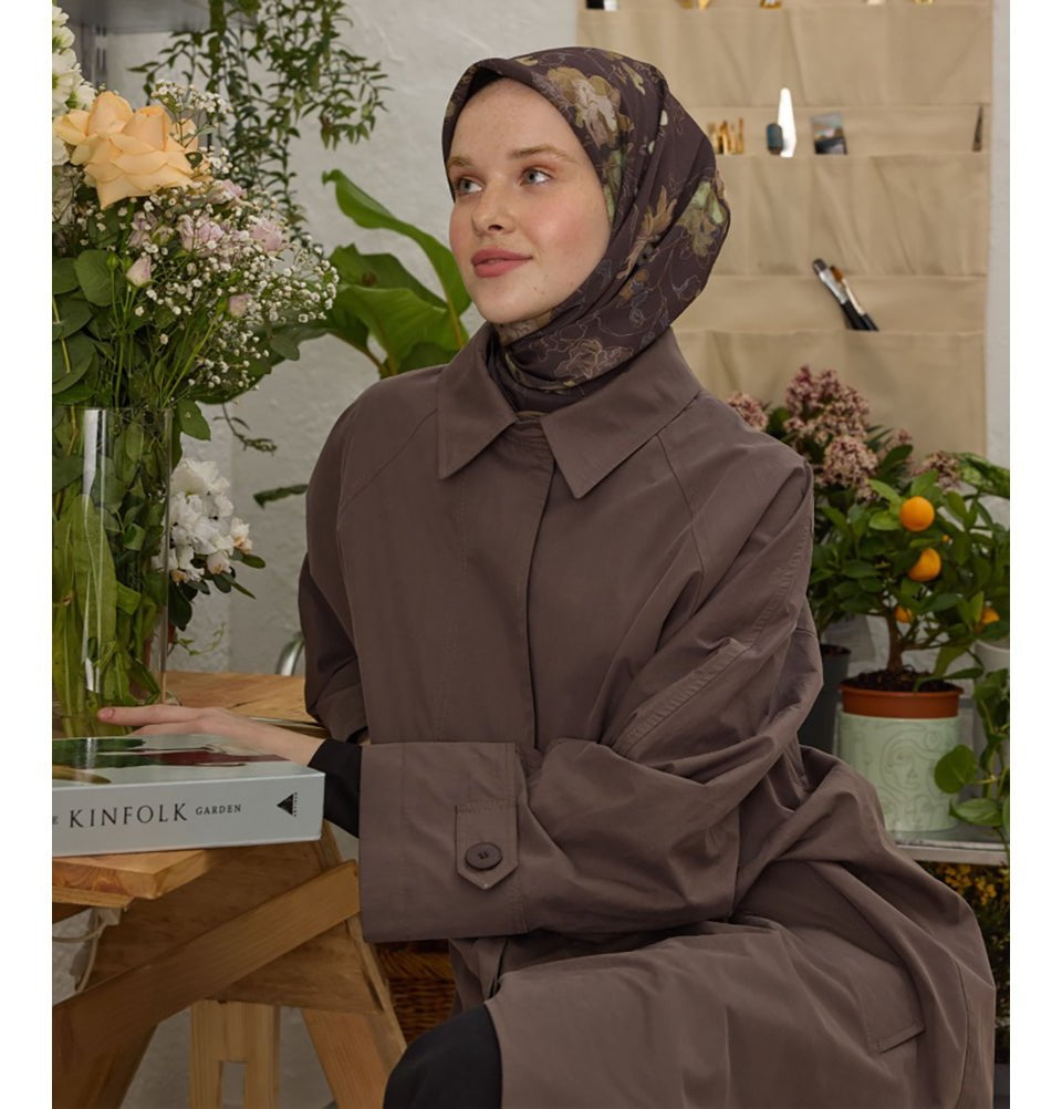 Modefa Shawl Dahlia Cocoa Patterned Viscose Cotton Square Hijab - Dahlia Cocoa