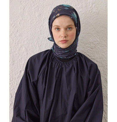 Modefa Shawl Dahlia Navy Blue Patterned Viscose Cotton Square Hijab - Dahlia Navy Blue