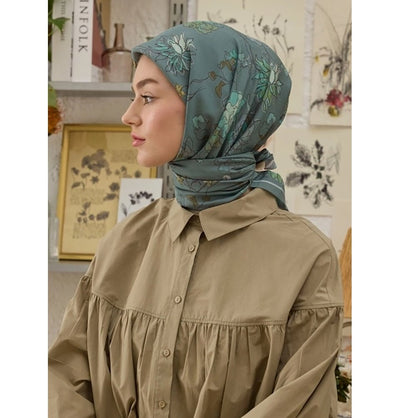 Modefa Shawl Dahlia Sea Green Patterned Viscose Cotton Square Hijab - Dahlia Sea Green