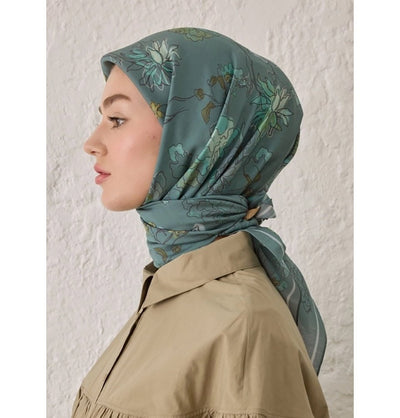 Modefa Shawl Dahlia Sea Green Patterned Viscose Cotton Square Hijab - Dahlia Sea Green
