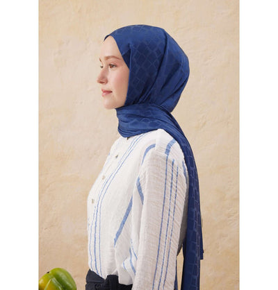 Modefa Shawl Dark Blue Diamond Jacquard Satin Hijab Shawl - Dark Blue