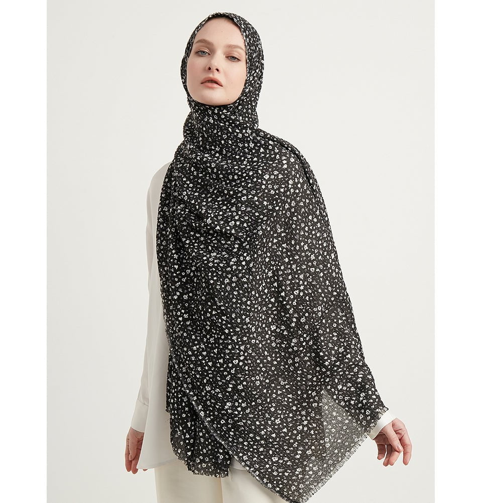 Modefa Shawl Dark Navy Blue Ditsy Floral Crinkle Cotton Hijab Shawl - Black & Gray