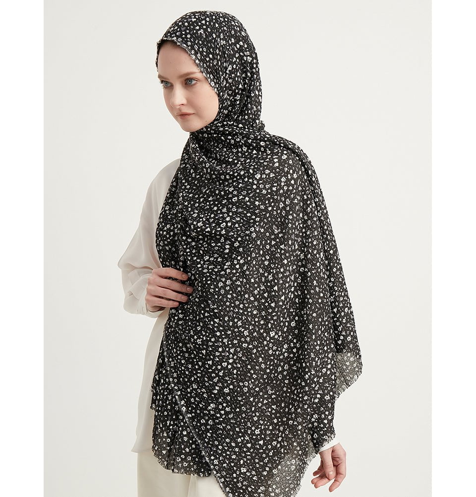 Modefa Shawl Dark Navy Blue Ditsy Floral Crinkle Cotton Hijab Shawl - Black & Gray