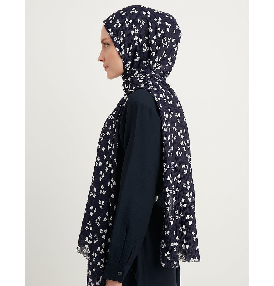 Modefa Shawl Dark Navy Blue Posies Crinkle Cotton Hijab Shawl - Dark Navy Blue