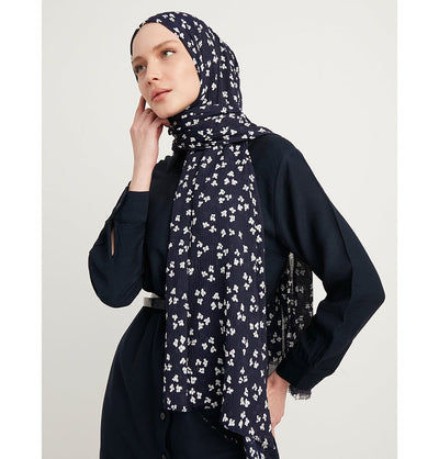 Modefa Shawl Dark Navy Blue Posies Crinkle Cotton Hijab Shawl - Dark Navy Blue