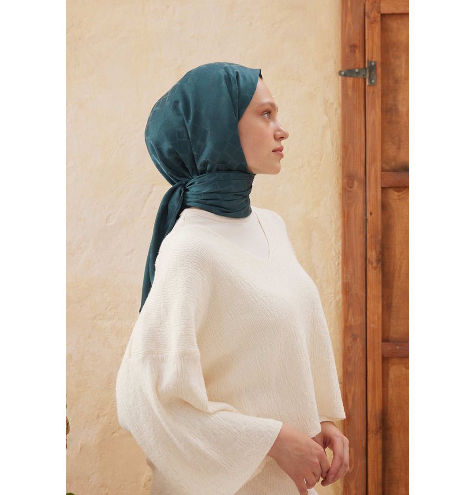 Modefa Shawl Dark Sea Green Diamond Jacquard Satin Hijab Shawl - Teal