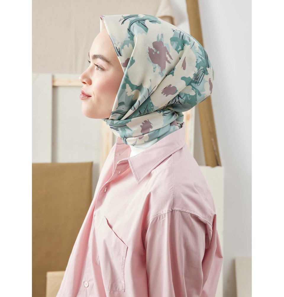 Modefa Shawl Elegant Floral Mint Patterned Viscose Cotton Square Hijab - Elegant Floral Mint