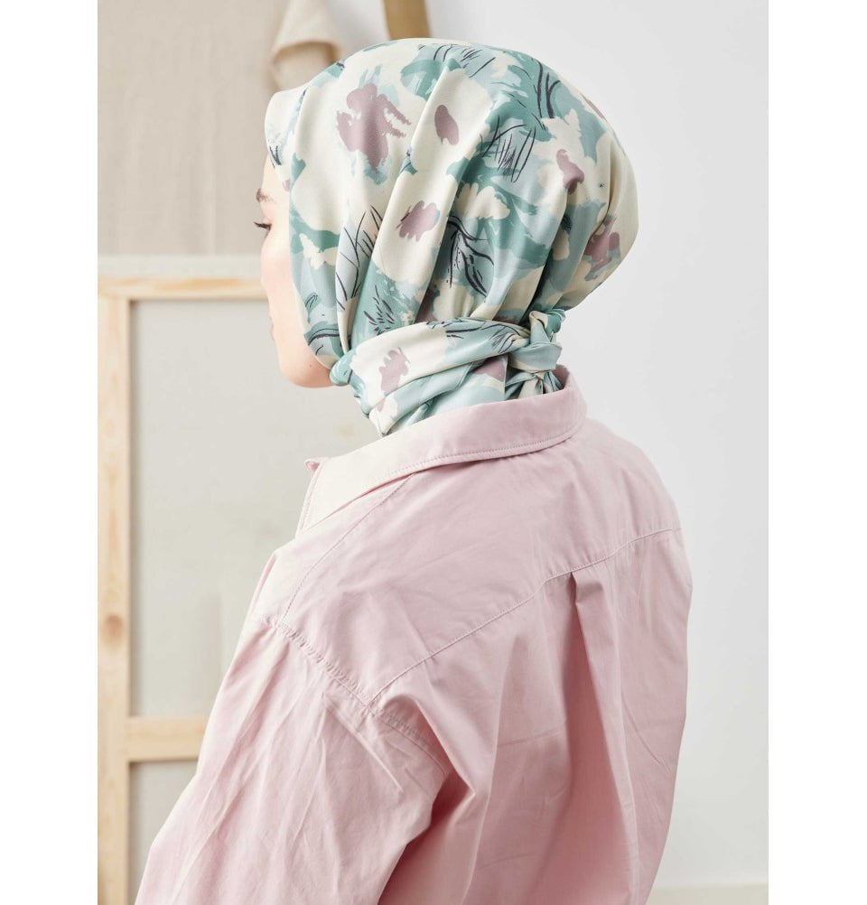 Modefa Shawl Elegant Floral Mint Patterned Viscose Cotton Square Hijab - Elegant Floral Mint