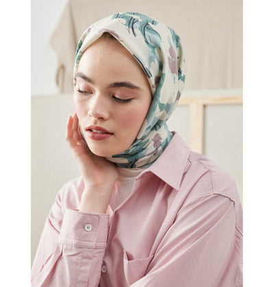 Modefa Shawl Elegant Floral Mint Patterned Viscose Cotton Square Hijab - Elegant Floral Mint