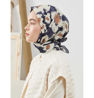 Modefa Shawl Elegant Floral Navy Patterned Viscose Cotton Square Hijab - Elegant Floral Navy