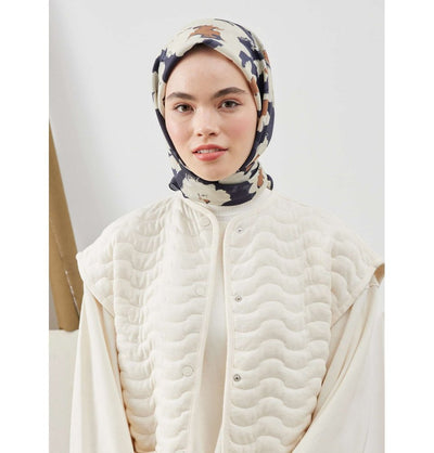 Modefa Shawl Elegant Floral Navy Patterned Viscose Cotton Square Hijab - Elegant Floral Navy