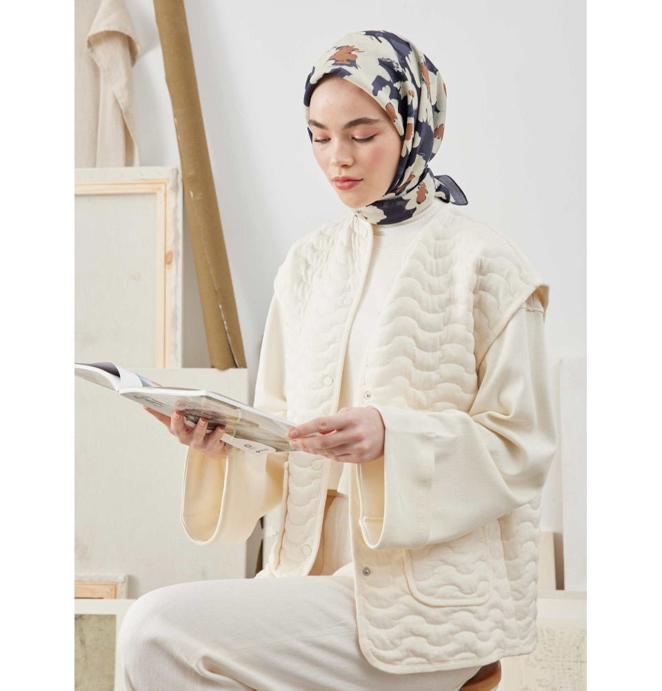 Modefa Shawl Elegant Floral Navy Patterned Viscose Cotton Square Hijab - Elegant Floral Navy
