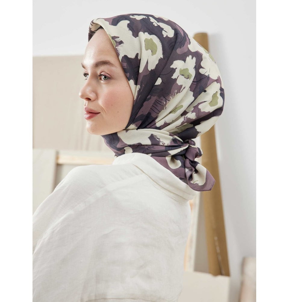 Modefa Shawl Elegant Floral Plum Patterned Viscose Cotton Square Hijab - Elegant Floral Plum