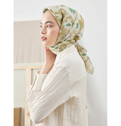 Modefa Shawl Elegant Floral Sage Patterned Viscose Cotton Square Hijab - Elegant Floral Sage