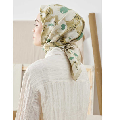 Modefa Shawl Elegant Floral Sage Patterned Viscose Cotton Square Hijab - Elegant Floral Sage