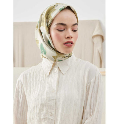 Modefa Shawl Elegant Floral Sage Patterned Viscose Cotton Square Hijab - Elegant Floral Sage