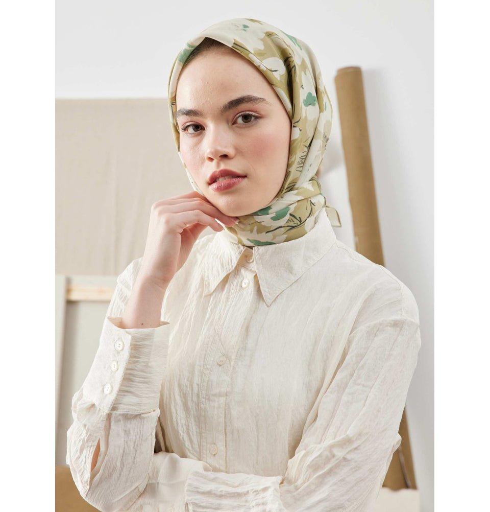 Modefa Shawl Elegant Floral Sage Patterned Viscose Cotton Square Hijab - Elegant Floral Sage