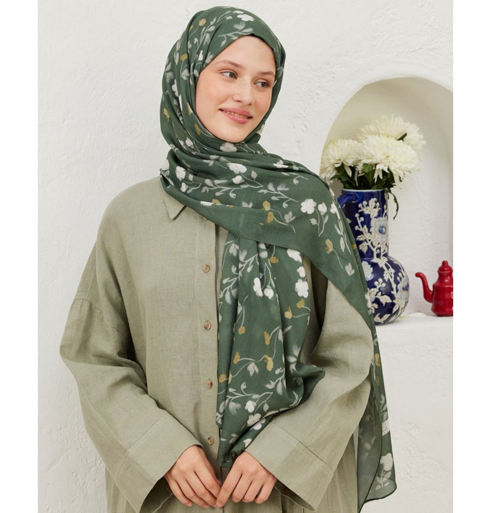 Modefa Shawl Green Rami Lightweight Hijab Shawl Soft Flowers - Green