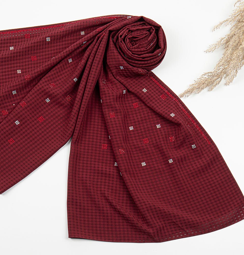 Modefa Shawl Maroon Grid Patterned Chiffon with Rhinestone Shawl Hijab - Maroon