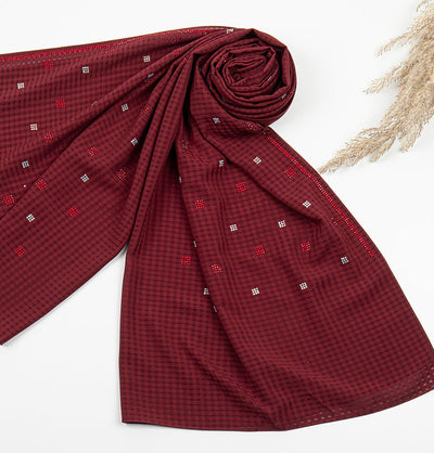 Modefa Shawl Maroon Grid Patterned Chiffon with Rhinestone Shawl Hijab - Maroon