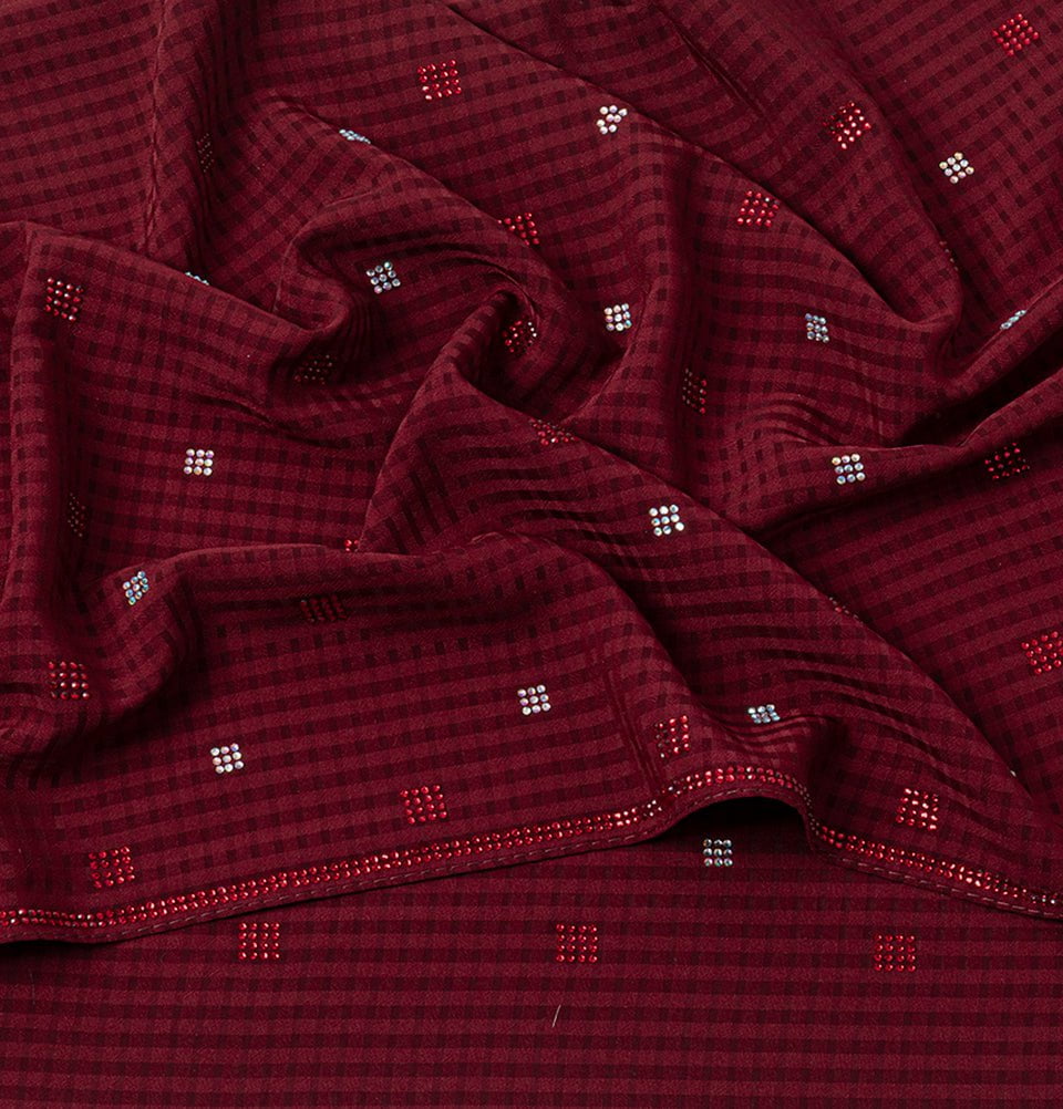 Modefa Shawl Maroon Grid Patterned Chiffon with Rhinestone Shawl Hijab - Maroon