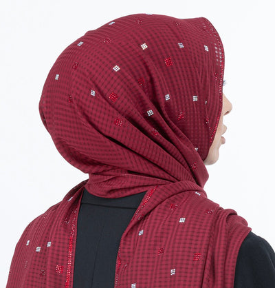 Modefa Shawl Maroon Grid Patterned Chiffon with Rhinestone Shawl Hijab - Maroon