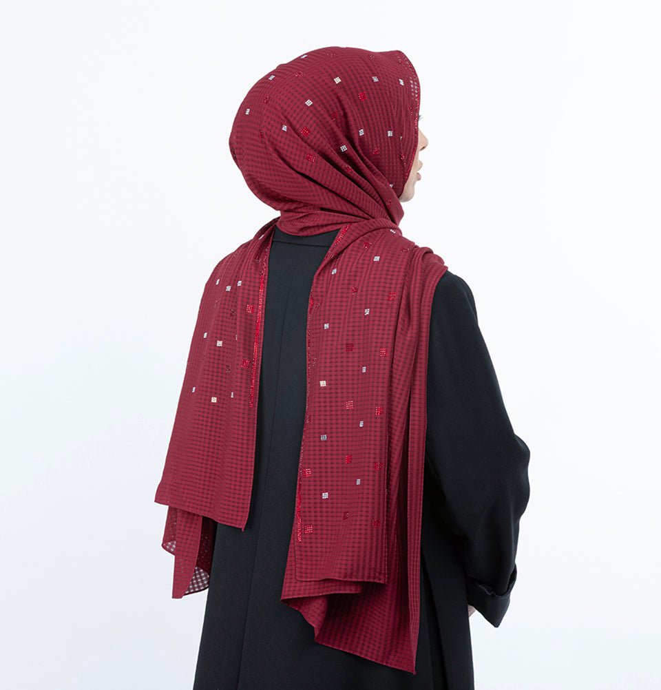 Modefa Shawl Maroon Grid Patterned Chiffon with Rhinestone Shawl Hijab - Maroon