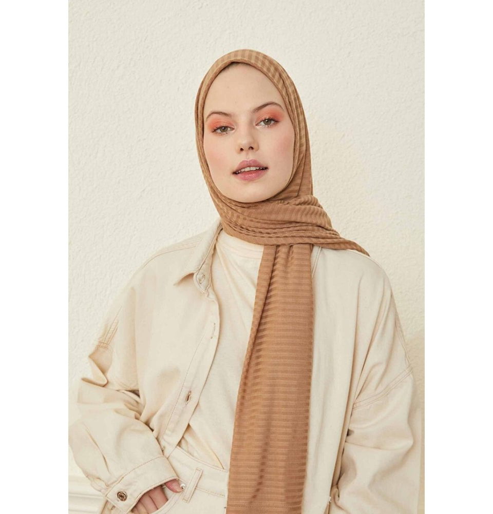 Modefa Shawl Milk Coffee Comfy Striped Jersey Hijab Shawl - Milk Coffee