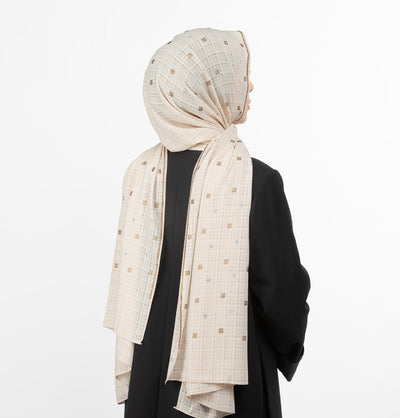 Modefa Shawl Mink Grid Patterned Chiffon with Rhinestone Shawl Hijab - Light Mink