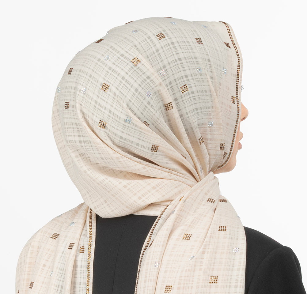 Modefa Shawl Mink Grid Patterned Chiffon with Rhinestone Shawl Hijab - Light Mink