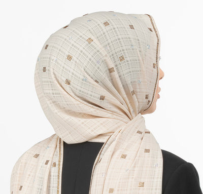 Modefa Shawl Mink Grid Patterned Chiffon with Rhinestone Shawl Hijab - Light Mink