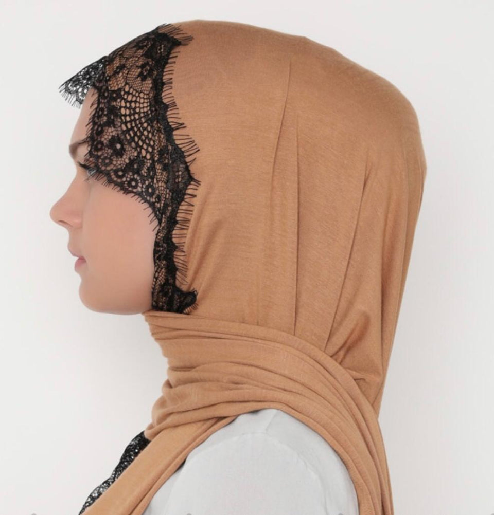 Modefa Shawl Mustard Elegant Lace-Trim Hijab Shawl - Mustard