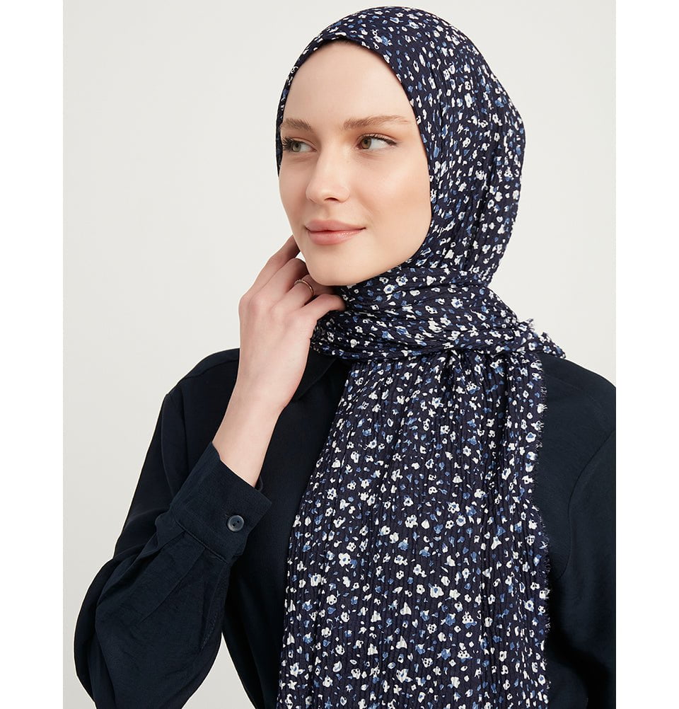 Modefa Shawl Navy Blue Ditsy Floral Crinkle Hijab Shawl - Navy Blue