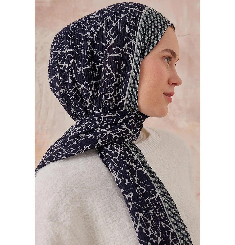 Mixed Pattern Crinkle Cotton Hijab Shawl - Navy Blue