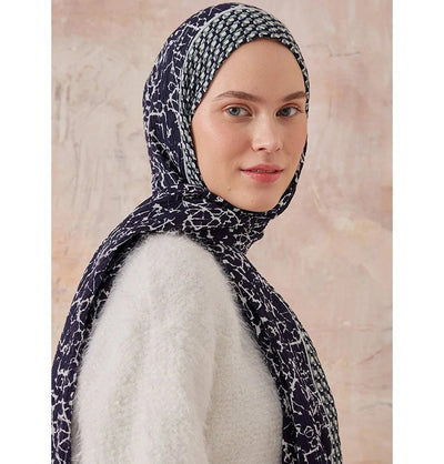 Modefa Shawl Navy Blue Mixed Pattern Crinkle Cotton Hijab Shawl - Navy Blue