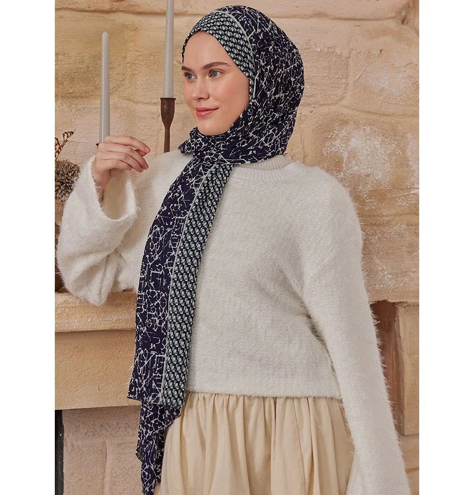 Mixed Pattern Crinkle Cotton Hijab Shawl - Navy Blue