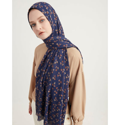 Modefa Shawl Navy Blue Posies Crinkle Cotton Hijab Shawl - Navy Blue