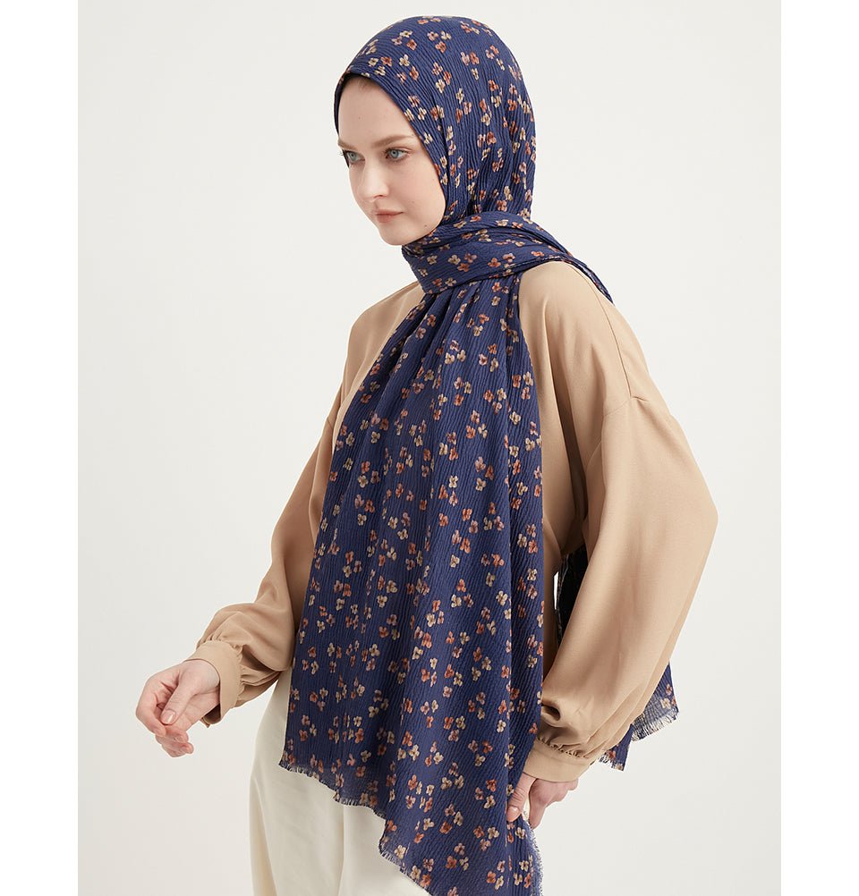 Modefa Shawl Navy Blue Posies Crinkle Cotton Hijab Shawl - Navy Blue