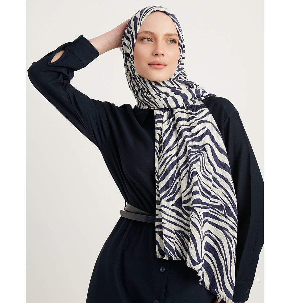 Modefa Shawl Navy Blue Zebra Crinkle Hijab Shawl - Navy Blue