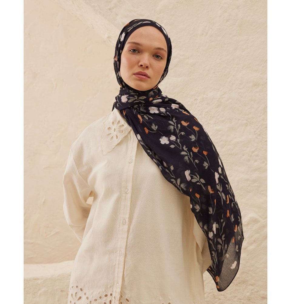 Modefa Shawl Navy Rami Lightweight Hijab Shawl Soft Flowers - Navy Blue